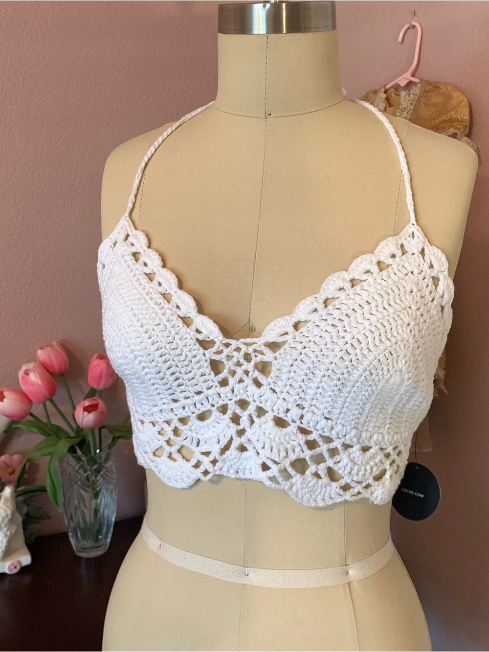 LULU'S White Crochet Halter Bralette